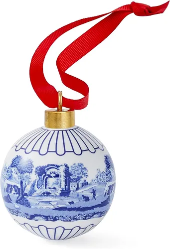 Vista 3 de Spode Bola de Navidad italiana azul, adorno de escena completa con diseño clásico de porcelana azul y blanca, decoración navideña coleccionable