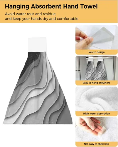 Vista 2 de Toallas de cocina con lazo para colgar, toallas de mano abstractas onduladas de color gris degradado, suaves, absorbentes, para baño, bar, hogar