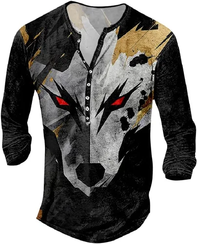 Vista 16 de MARSVOVO Camisetas Henley para hombre, camisetas gráficas artísticas, cuello en V, sin cuello, manga larga, casual, ajustadas, camisas