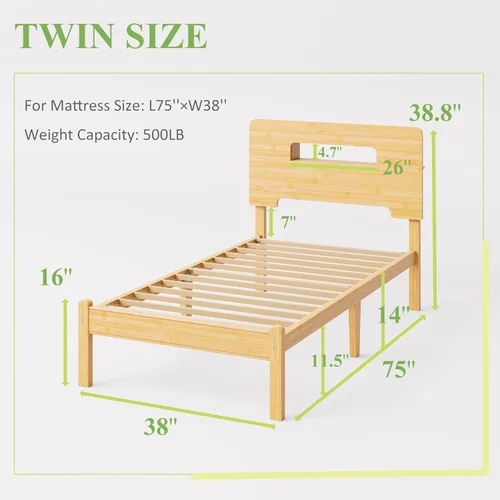 Vista 2 de ZIYOO Marco de cama de madera de bambú maciza tamaño individual con cabecera de almacenamiento, marco de cama plataforma de 14 pulgadas
