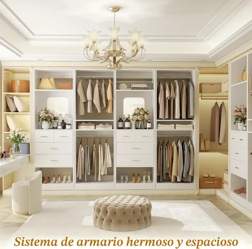 Vista 3 de Unikito Sistema de armario de 100" con cajones, organizador de armario de madera de 8.3 pies con barras colgantes y diseño de espejo, perchero
