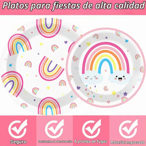 Vista 3 de Juego de vajilla de fiesta arcoíris de 96 piezas, platos, servilletas, suministros de papel desechable de postre para 24 invitados, decoraciones