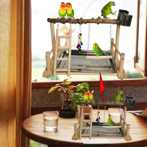 Vista 8 de Hamiledyi Parque de Loros Juguetes de Pájaros Soporte de Madera Ejercicio Perca Gimnasio con Tazas Alimentadoras Juguetes para Cacatúas con Escalera