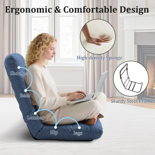 Vista 4 de Folding Floor Gaming Chair with Back Support, 14-Position Adjustable Recliner - Padded Cushion with Breathable Linen & Cotton Blend for Adults &