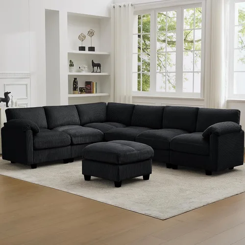 Vista 28 de Sofá modular de 61 pulgadas con otomana, asiento extra profundo para sala de estar, sofá de asiento profundo de pana con almohadas para Beige