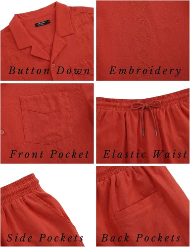 Vista 4 de TURETRENDY Conjunto de 2 piezas de lino para hombre, camisa bordada con botones y pantalones sueltos, color rojo ladrillo, talla XXL, Rojo ladrillo