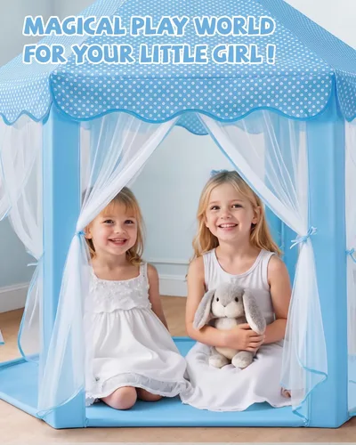 Vista 6 de Sumbababy - Tienda de campaña de castillo de princesa para niñas, de juego, hexagonal, azul, con luces de estrella de hadas, juguetes para niños
