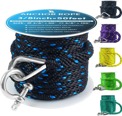 Vista 19 de Cuerda de anclaje premium de 50 pies x 1/2 pulgadas, línea de anclaje trenzada sólida MFP para barco con dedal y grillete - Negro