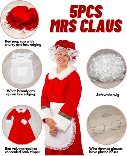 Vista 4 de Disfraz de Mrs. Claus para mujer, talla grande, vestido de Papá Noel para adultos con delantal, peluca y lentes para fiesta de cosplay