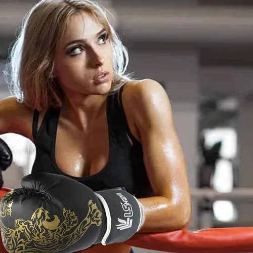 Vista 2 de LAFANDE Guantes de boxeo para hombres y mujeres, guantes de combate transpirables de Muay Thai Negro