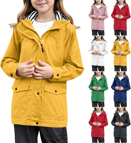 Vista 17 de Moonker Chaqueta impermeable ligera para niños y niñas, rompevientos con capucha, chaqueta impermeable Softshell para otoño para la escuela beige-b