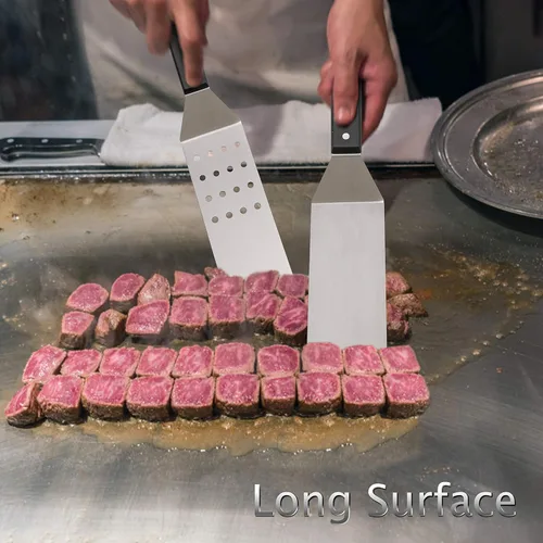 Vista 4 de HaSteeL Espátula de plancha de metal, acero inoxidable larga con mango remachado, girador de hamburguesas perforado resistente y sólido para cocinar
