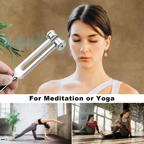 Vista 5 de Juego de 4 diapasones de afinación 128Hz 256Hz 512Hz 528Hz 528Hz para curar chakras, juego con martillo reflejo para budistas, yoga, profesor