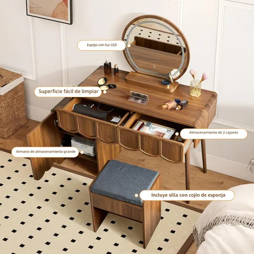 Vista 5 de ORRD Escritorio de tocador con espejo y luces, moderno panel de madera ondulada, juego de escritorio de maquillaje con cajones y gabinete, tocador