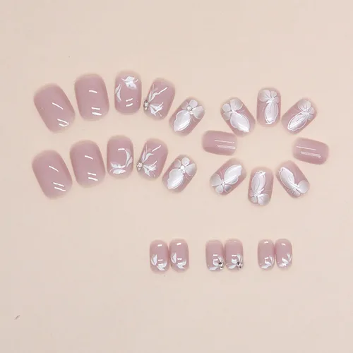 Vista 4 de Uñas Postizas de Mariposa con Purpurina Rosa - 24 piezas de Cobertura Completa Brillantes que se Pegan en Uñas Artificiales Acrílicas S11