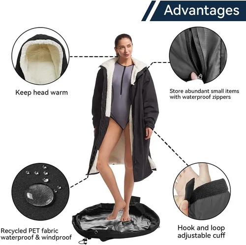 Vista 4 de Oksun Waterproof Swim Parka, Windproof Surf Poncho Warm Coat, Recycled Fabric Water Resistent Oversized Sherpa Lining Jacket