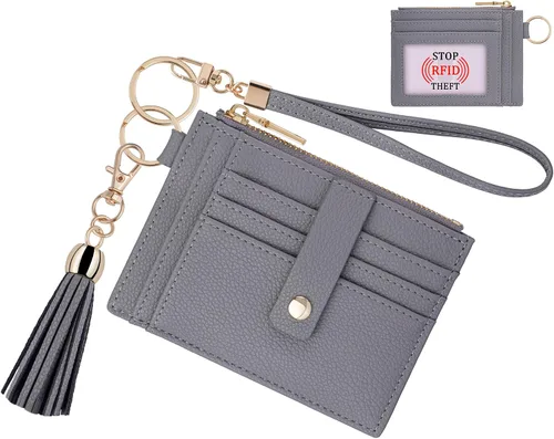 Vista 8 de Estuche Delgado para Tarjetas RFID para Mujer con Correa de Muñeca, Cartera con Cremallera para ID, Cartera de Cuero Pequeña, Monedero con Llavero