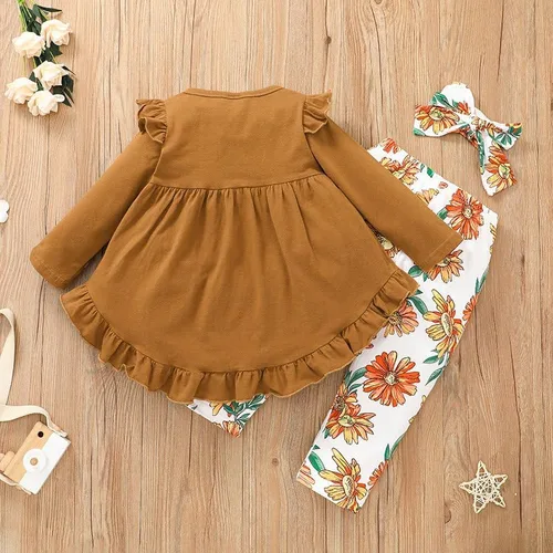 Vista 4 de GDDXLM Conjunto de traje de bebé para niña pequeña, con volantes, manga larga, pantalones florales con diadema, traje de traje de niña pequeña