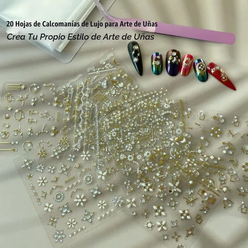 Vista 3 de 20 hojas de calcomanías de uñas 3D, diseño de oro/diamante, lujosas calcomanías de uñas autoadhesivas con relieve, calcomanías de uñas de flores