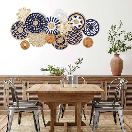 Vista 2 de Xuhal 15 piezas de decoración de cesta de pared estilo bohemio, cestas de pared tejidas de algas marinas artesanales, cestas de pared rústicas