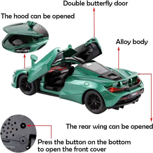 Vista 2 de Aleación coleccionable verde 720s modelo de coche de juguete tire hacia atrás vehículo DieCast con luces y sonido