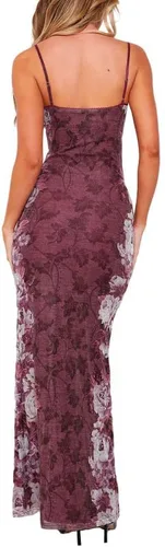 Vista 2 de Vestido largo sexy con tirantes delgados florales Y2K para mujer, sin espalda, corte bajo, ajustado, vestido largo, fiesta, club, playa