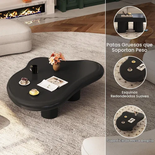 Vista 4 de Mesa de Café Nube Negra de 35.82", Mesa de Café Moderna de Borde Redondo con 4 Patas de Soporte Resistentes y Tablero de 2.67" de Grosor, Fácil