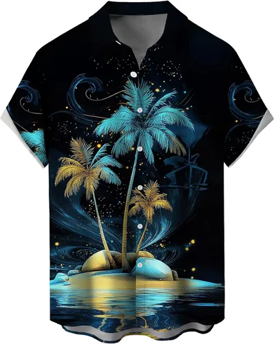 Vista 49 de Camisas tropicales con botones para hombre, camisas hawaianas de manga corta, casuales para vacaciones, camisas de playa holgadas Beige-playa escena