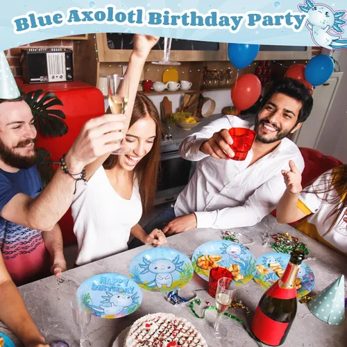 Vista 4 de Gerrii 60 platos de papel para fiesta de cumpleaños de ajolote azul de 7 pulgadas, decoraciones de ajolote azul, platos desechables para cenas