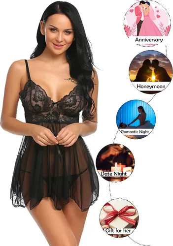 Vista 3 de Camisón Avidlove babydoll de encaje lencería sexy camisón de malla ropa de noche para mujer