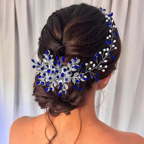Vista 4 de Diadema nupcial con peine para el cabello - Diadema de boda para novias (azul)