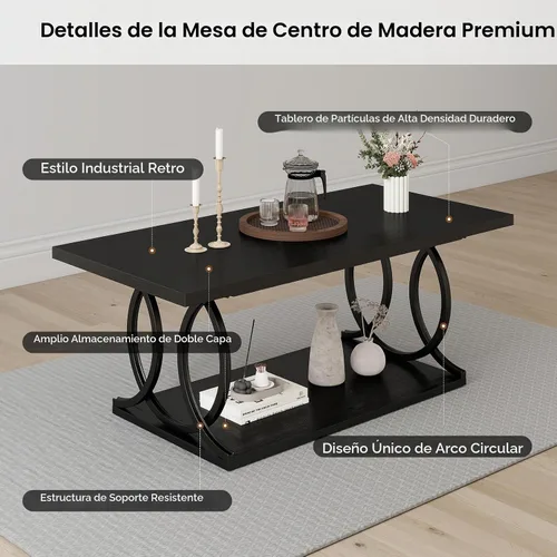 Vista 6 de BECHAEO Mesa auxiliar industrial moderna para sala de estar, 41.7 pulgadas, parte superior rectangular de madera gruesa con patas de arco de metal