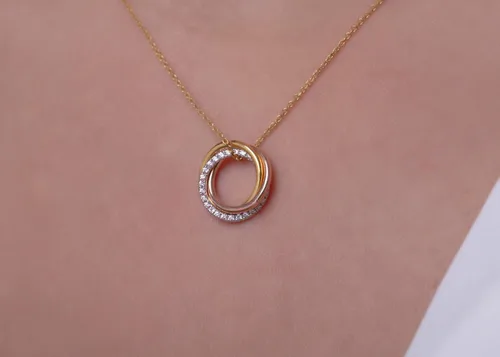 Vista 2 de Delicado collar de diamantes Trinity en oro macizo de 9K, 14K y 18K, collar tricolor de círculo entrelazado, collar de amor de eternidad de diamantes