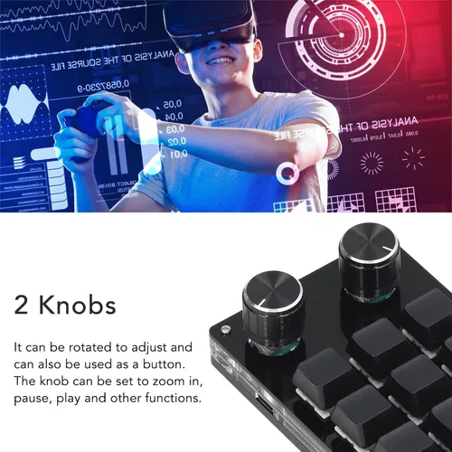 Vista 2 de Diyeeni Teclado mecánico macro de 12 teclas, teclado programable con 2 perillas, teclado portátil totalmente programable con una mano, teclado