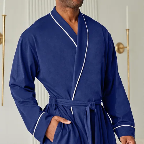 Vista 5 de Alexander Del Rossa Bata larga de punto de algodón suave para hombre con bolsillos, bata de baño