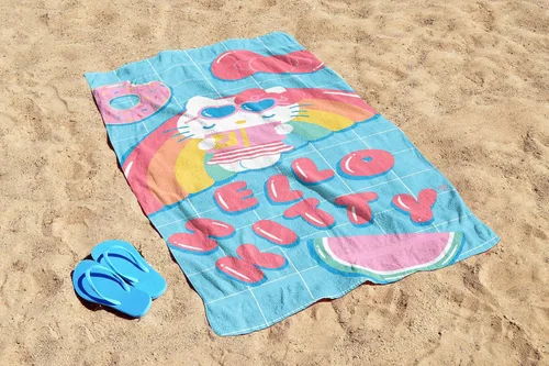 Vista 4 de Jay Franco Hello Kitty Rainbow - Toalla de playa para piscina y baño, súper suave y absorbente, 100% algodón, mide 28 x 58 pulgadas Azul - Hello