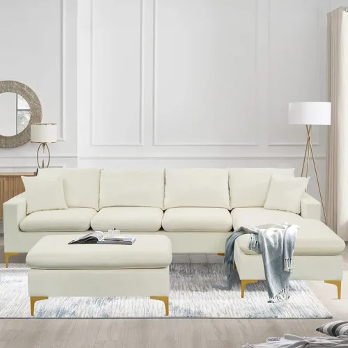 Vista 2 de Sofá modular de 110.6 pulgadas con otomana, elegante sofá tapizado de terciopelo en forma de L con 2 almohadas para sala de estar y apartamento