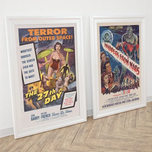 Vista 3 de Conjunto de cinco anuncios de películas de ciencia ficción c. 1950 Póster impreso de arte vintage Planeta prohibido, OVNI invasores de Marte