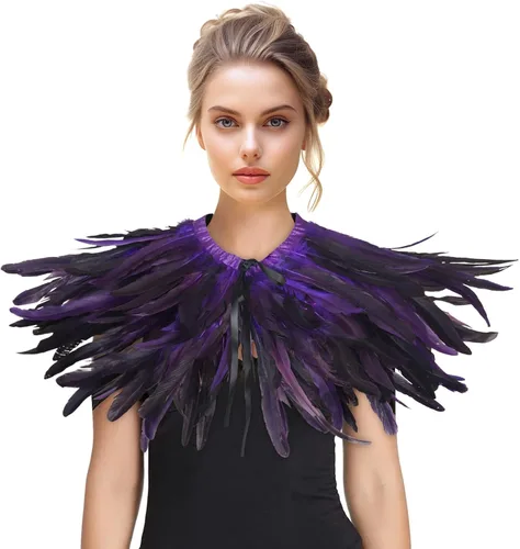 Vista 5 de HOMELEX Chal de plumas para mujer, collar de plumas de cuervo, capa de cisne de Halloween, accesorios de disfraz de bruja Layered feather shawl