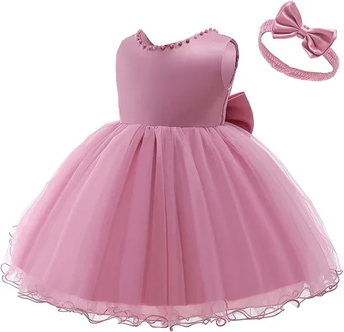 Vista 2 de NSSMWTTC 6M-6T Vestido de concurso sin espalda para bebé, vestido de tutú para niñas pequeñas, vestidos de flores con gorro