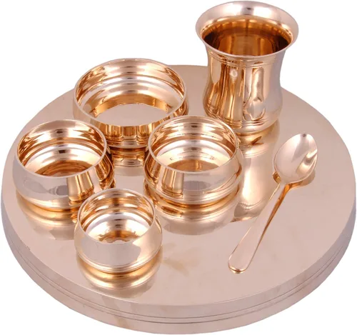 Vista 5 de Shiv Shakti Arts® Bronce Juego de vajilla Kansa Thali - 7 piezas, dorado - (Pure Kansa - Juego de cena de lujo premium)