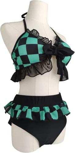 Vista 3 de Juego de tres piezas de traje de baño de Kochou Shinobu Halter con corbata, Demon Slayer para cosplay y cosplay de Kochou Shinobu para Halloween