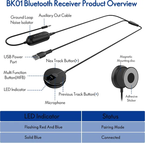 Vista 2 de BESIGN BK01 Kit Bluetooth para coche, receptor auxiliar inalámbrico para llamadas manos libres y transmisión de música con filtro de ruido de bucle