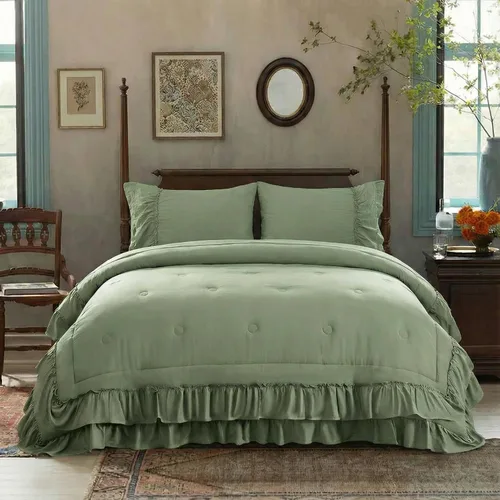 Vista 2 de Juego de Edredón Verde Aguacate de Tamaño Queen, Estilo Boho, Estilo Shabby Chic, 2 Capas, con Volantes, para Dormitorio, Decoración del Hogar