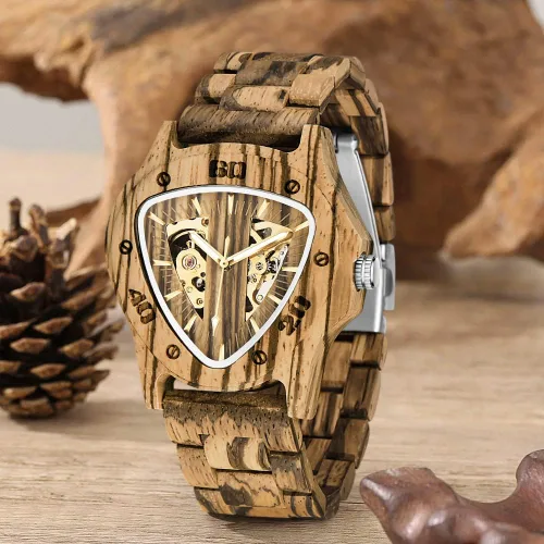 Vista 2 de Dentily Reloj de madera para hombre, triángulo, esqueleto automático, reloj mecánico de madera para hombre