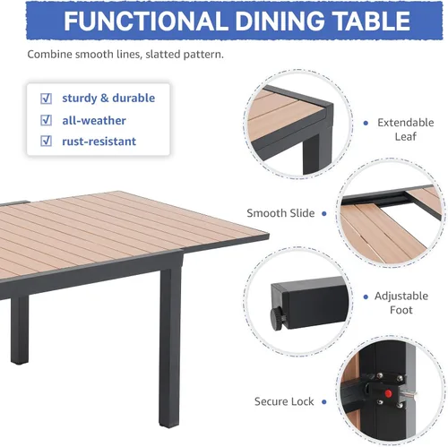 Vista 5 de Soleil Jardin Mesa de Comedor Extensible de Aluminio para Patio, 63" - 105", Mesa Rectangular Ajustable para Interiores y Exteriores con Superficie