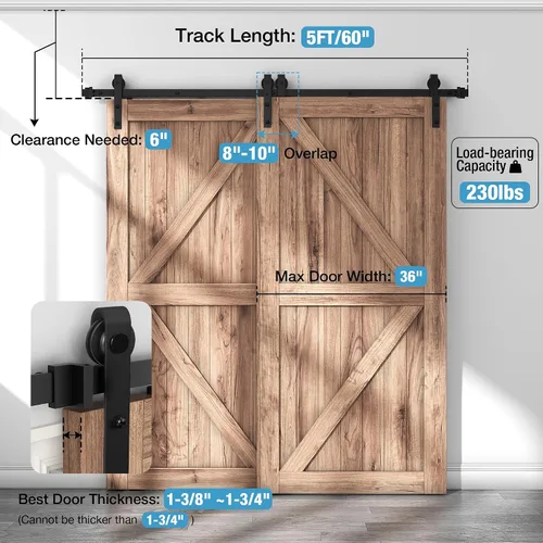 Vista 2 de ZEKOO - Kit de herrajes para puerta de granero de 5 pies y 2 puertas, pista única, ahorro de espacio J-shape rollrer, Heavy-Duty,Sliding Smooth &
