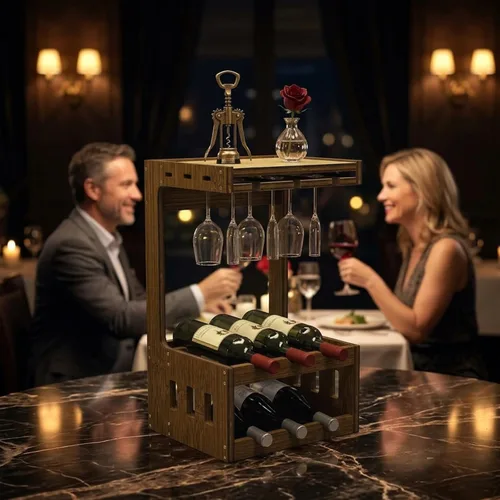 Vista 7 de Estante de vino para encimera con copas de vino, capacidad para 6 botellas Marrón