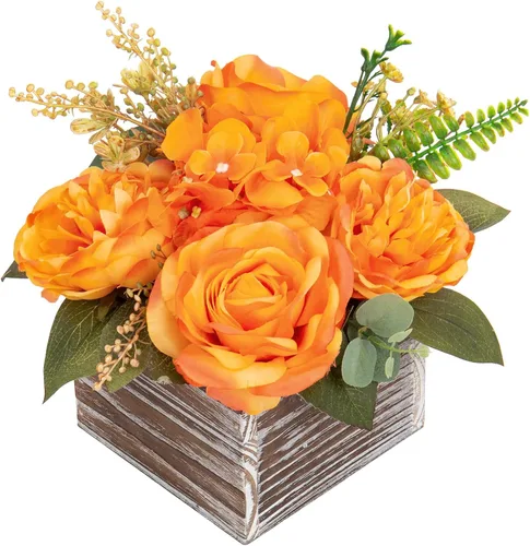 Vista 12 de DILATATA Arreglo floral con jarrón de madera, flores artificiales de 10 pulgadas en maceta, flores falsas en jarrón rectangular de madera blanco