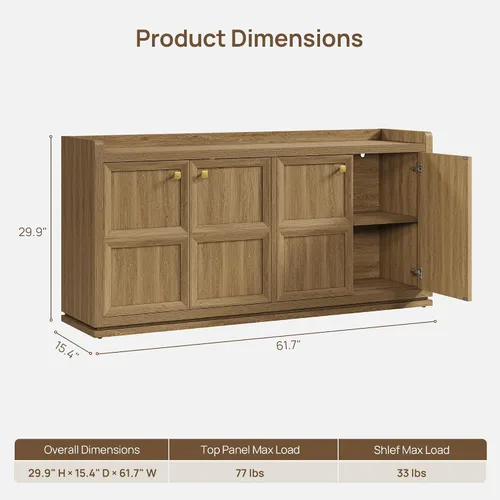 Vista 2 de SICOTAS - Armario buffet de 61.7 pulgadas, aparador de 4 puertas, cocina, sala de estar, roble marrón Geometric Doors & Elegant Gold Handle